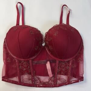 Victoria's Secret Bustier Very Sexy Sz.36DD Push-Up Longline Bra Floral Lace Red